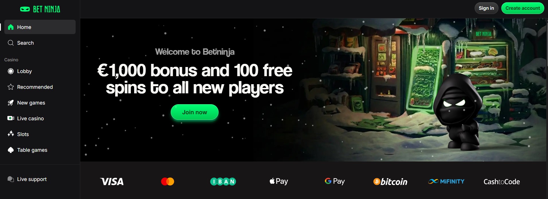 Realistische Startseite eines Online-Casino-Portals mit Ninja-Thema, Bonusangebot und Zahlungsoptionen. Das Bild vermittelt eine moderne, auffällige Gestaltung mit klarer Navigation und einem deutlichen Hinweis auf Casino ohne OASIS.