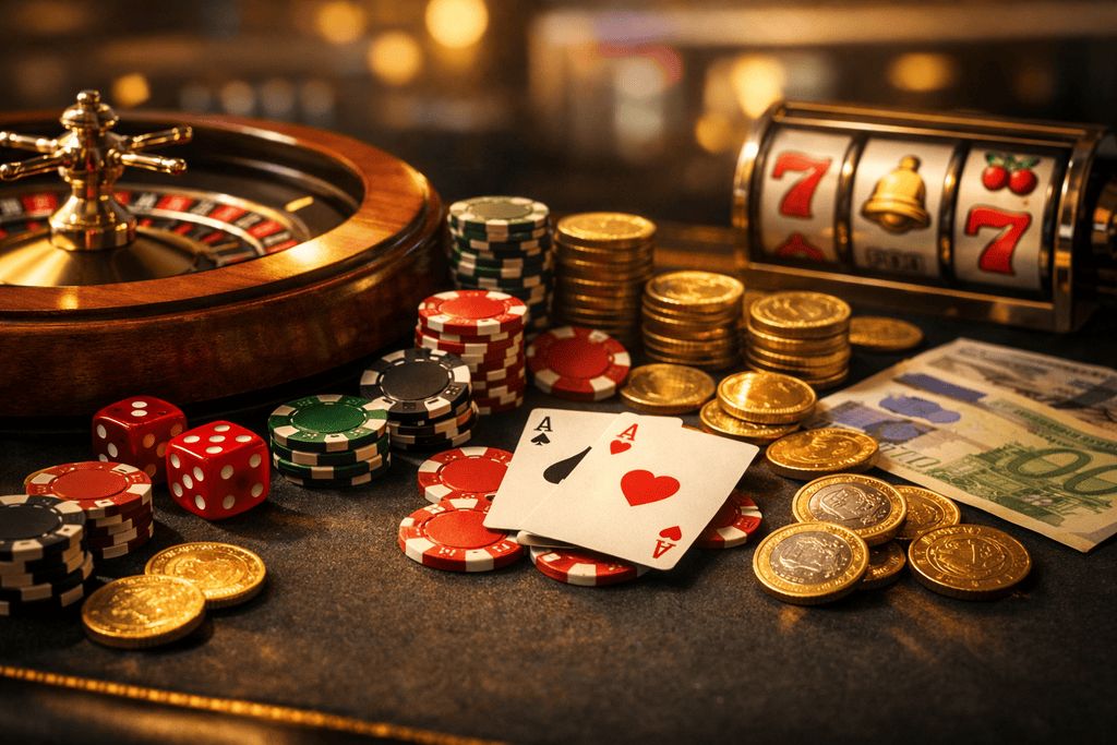 Casino ohne OASIS im Jahr 2026 mit Roulette-Rad, Pokerchips, Spielkarten, Würfeln, Slot-Maschine, Euro-Münzen und goldenen Chips auf einem edlen Casinotisch, moderne Atmosphäre mit warmem Licht und seriösem Editorial-Stil.