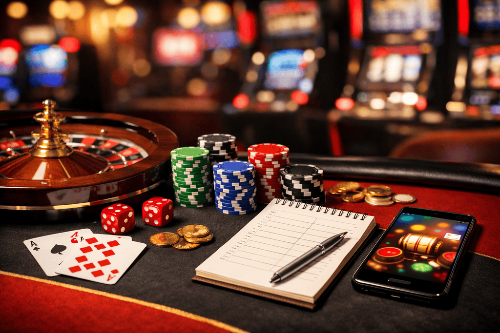 Realistische Casino-Szene ohne OASIS mit geordneten Pokerchips, Roulettekessel, Spielkarten, Würfeln und Smartphone auf einem stilvollen Tisch, elegante goldene und rote Akzente, hochwertige Atmosphäre im internationalen Online-Casino-Stil.