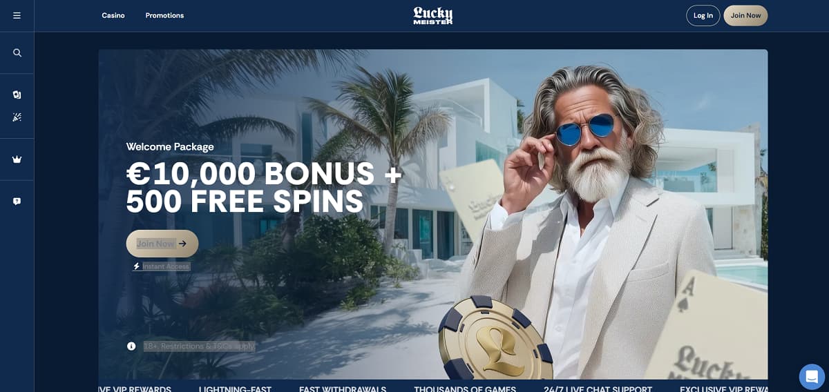 Luxuriöse Casino-Webseite mit moderner Villa, Palmen und Pool im Hintergrund. Ein stilvoll gekleideter Mann mit Sonnenbrille steht vor dem Gebäude, während ein großes Willkommensangebot mit Bonus und Freispielen hervorgehoben wird. Die Szene vermittelt Exklusivität und Lifestyle, eingebettet in den Kontext von Casino ohne OASIS, mit Fokus auf attraktive Promotionen und seriöse Online-Gaming-Atmosphäre.